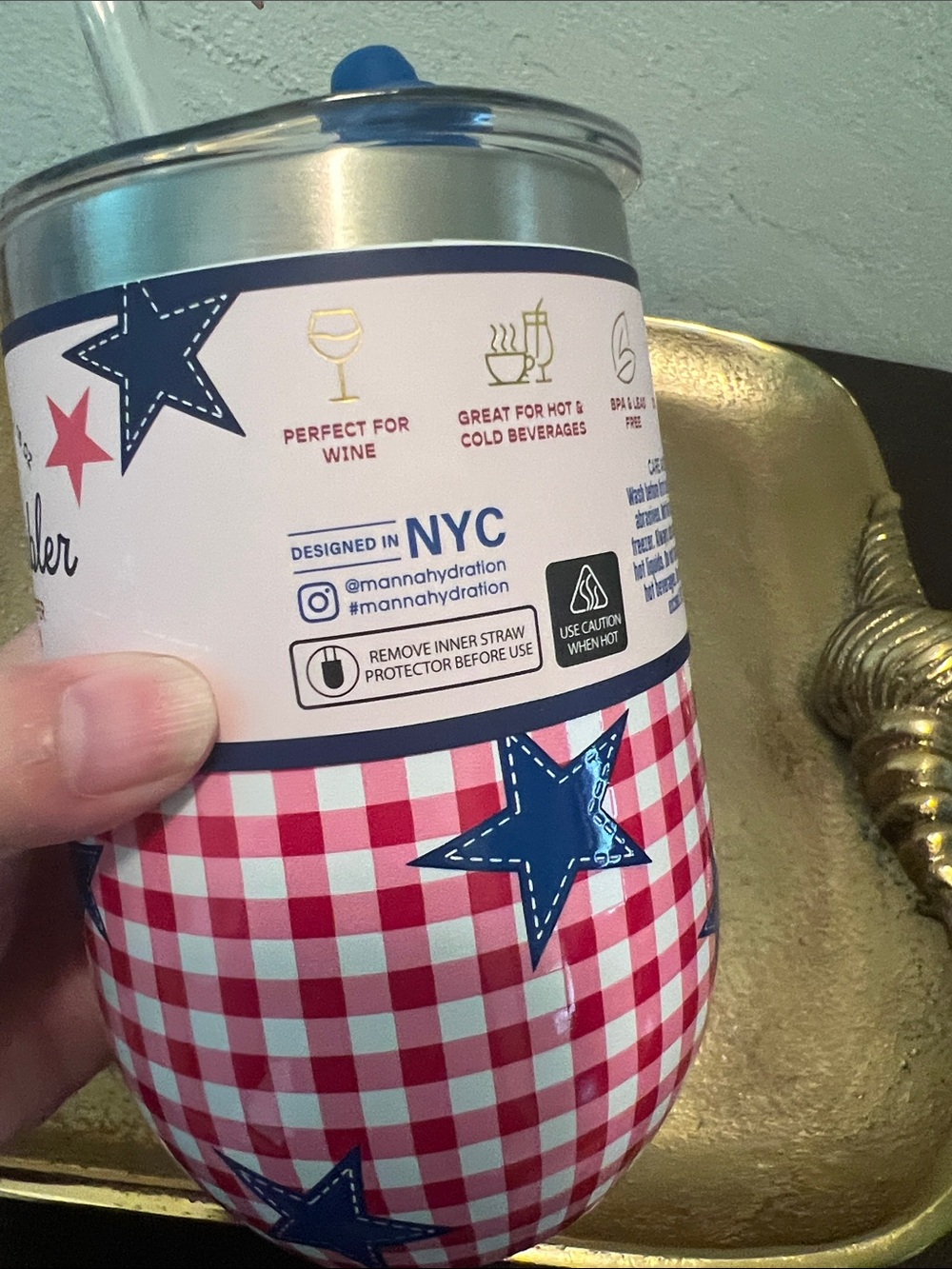 #2238*”4x6”Manna Wine Tumbler W/ Straw Topper - Blue & Red Gingham Stars - Picture 3 of 17